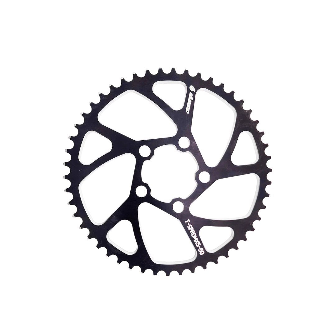 The Warp9 Talaria MX5 Sprocket, made from durable 7075-T6 aluminum, has a black chainring with cut-outs and gear teeth for an OEM 428 chain. It is photographed on a plain white background.