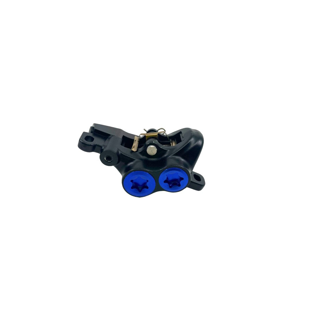 The Talaria MX5 Brake Caliper by Talaria is a black OEM replacement part for the MX5, featuring two blue star-shaped screws, a visible spring mechanism, and mounting holes, shown on a plain white background.