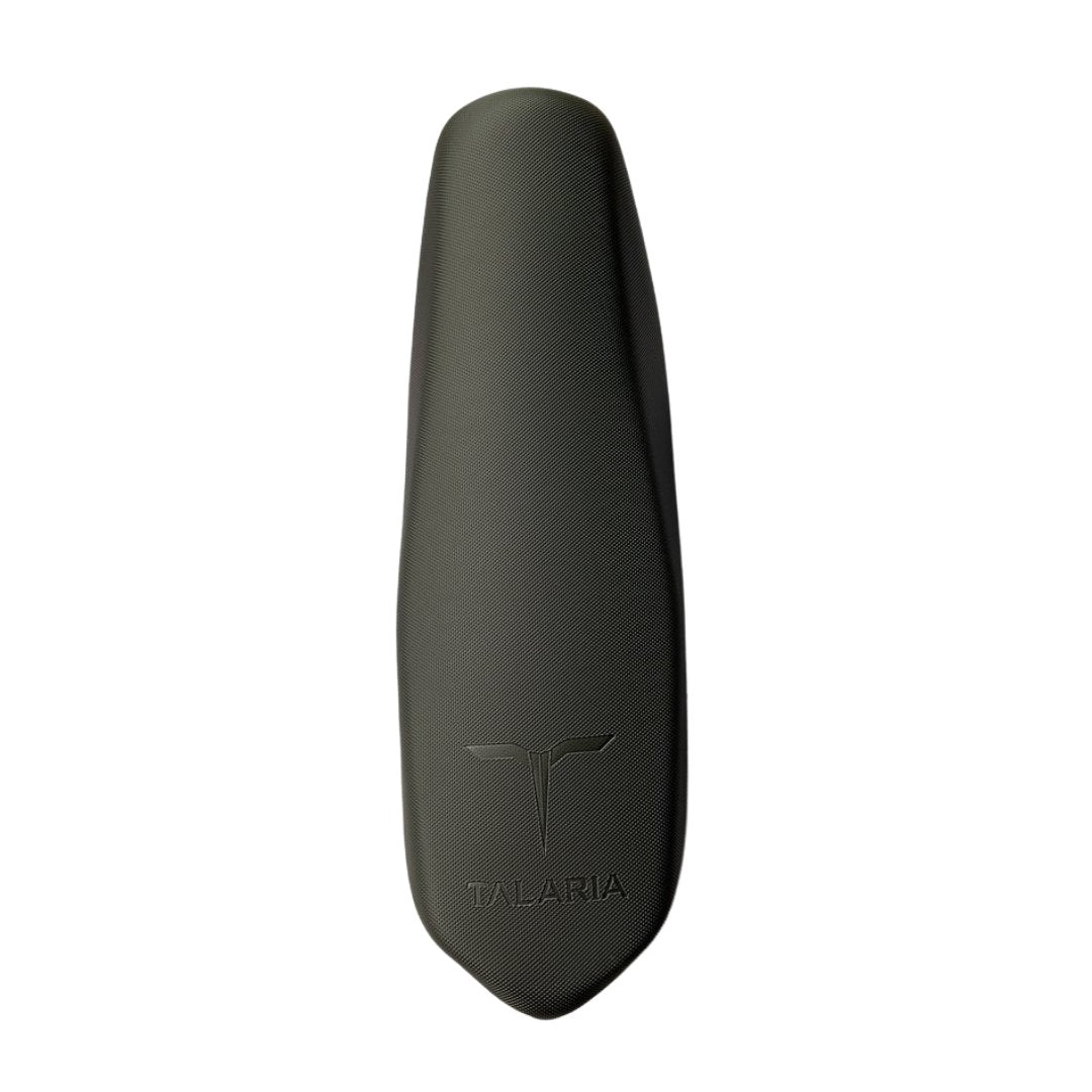 A black Talaria Seat replacement for motorcycles, featuring a textured surface and an embossed brand name TALARIA with a stylized T logo on the lower part, viewed from above.