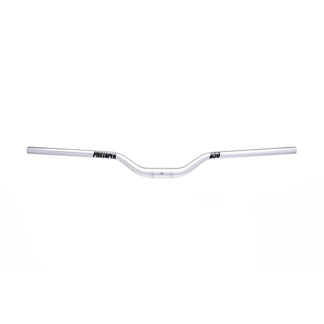 The Amped Bikes ProTaper A50 Rise Handlebar is a sleek silver handlebar with a slight rise, ideal for tall riders. PROTAPER and RS5 are printed in black on each end, offering a minimalistic design reminiscent of Surron models against a white background.