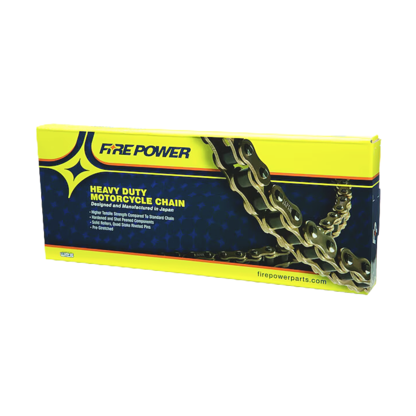 Amped Bikes Fire Power Heavy Duty Chain 420X120 Gold features a gold chain design on yellow and blue packaging, emphasizing its hardened components for reliable performance. Detailed product information and firepowerparts.com appear at the bottom.