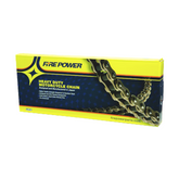 Amped Bikes Fire Power Heavy Duty Chain 420X120 Gold features a gold chain design on yellow and blue packaging, emphasizing its hardened components for reliable performance. Detailed product information and firepowerparts.com appear at the bottom.