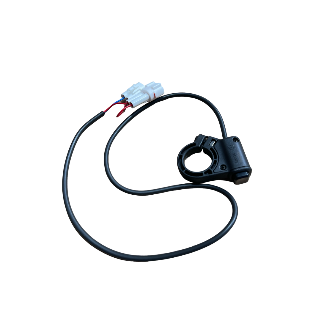 A black throttle cable with a circular attachment on one end and a white connector with red and black wires on the other is coiled in a loop against a white background, ideal as an E Ride Pro Headlight Switch replacement from E-Ride Pro.