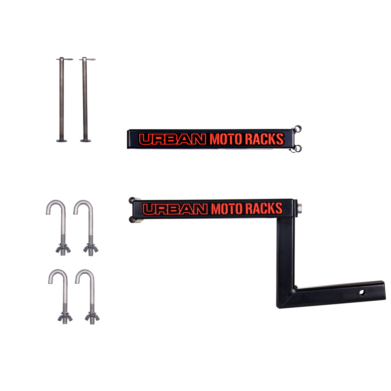The image displays components for an electric moto rack, perfect for E-Moto models. Included are two long bolts, a Urban Moto Racks branded U-frame, four U-bolts with nuts, and a separate black metal arm. Product by Amped Bikes.