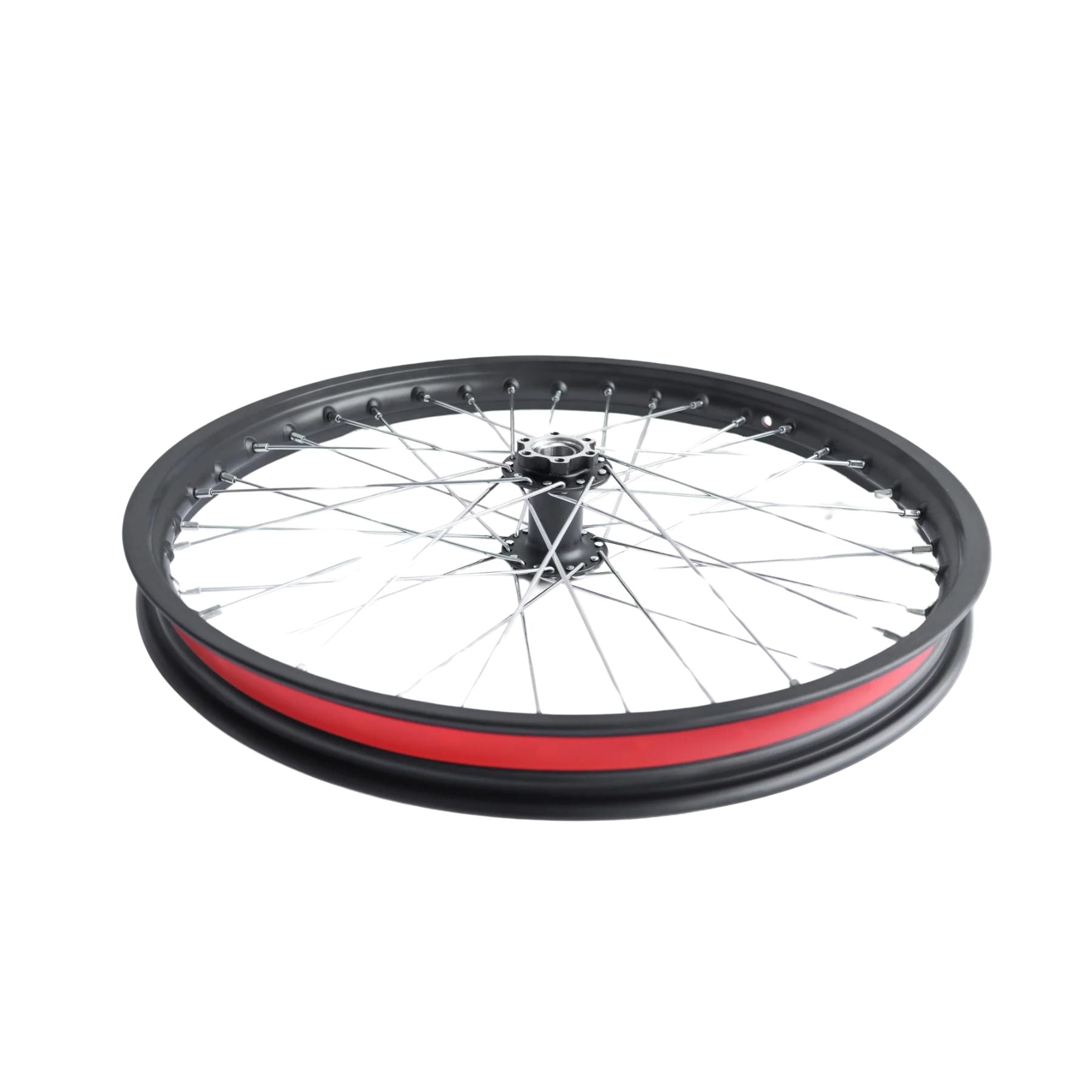 A 79Bike 19 Wheel Rim Hub with a black rim, red stripe, silver spokes, and black hub lies flat on a white background—ideal for front or rear wheel upgrades and E-Moto wheel setups.
