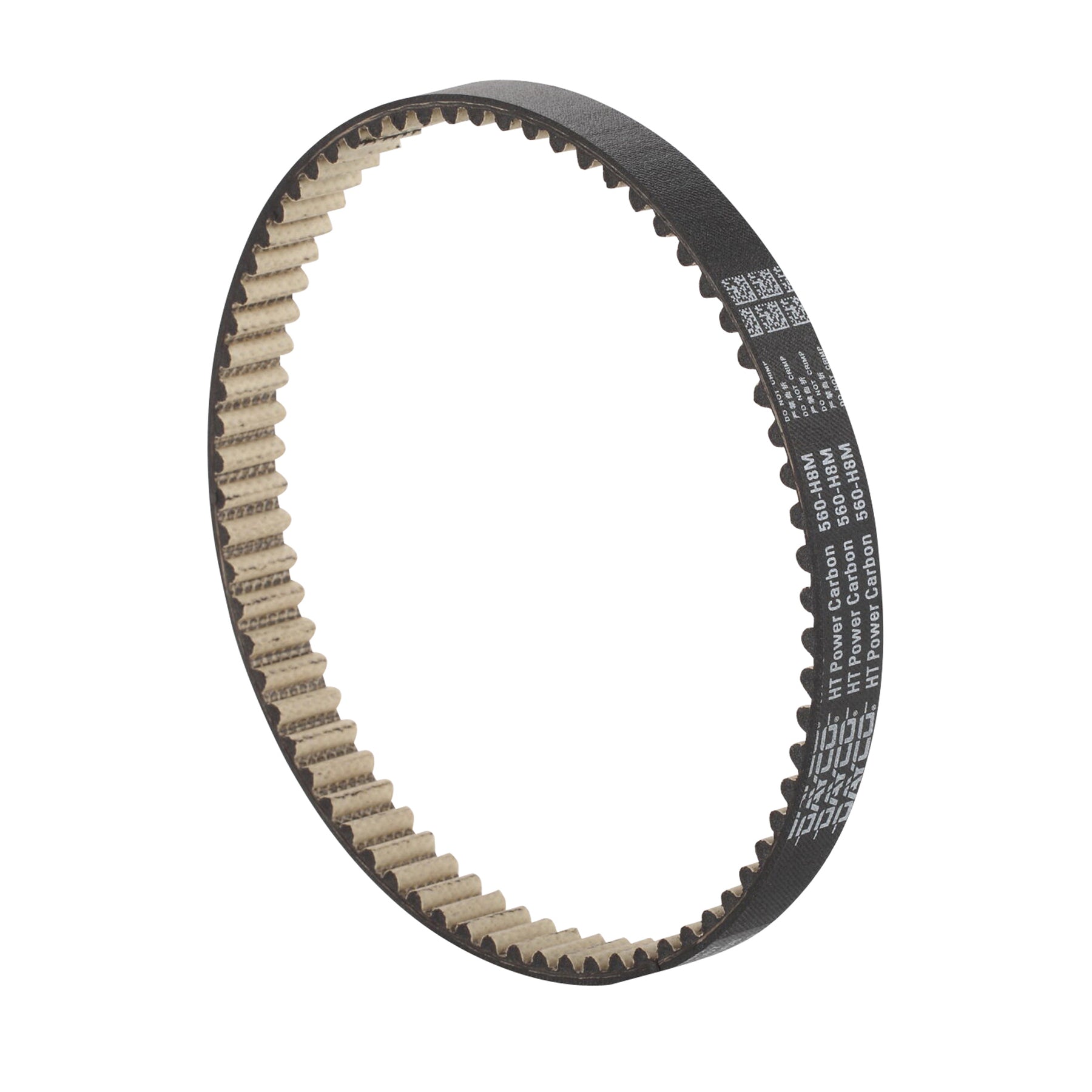 A black Drive Belt by E-Ride Pro with white text on its outer surface is shown. Its inner side features a cogged pattern for efficient motor torque transfer, and the belt is displayed against a plain white background.