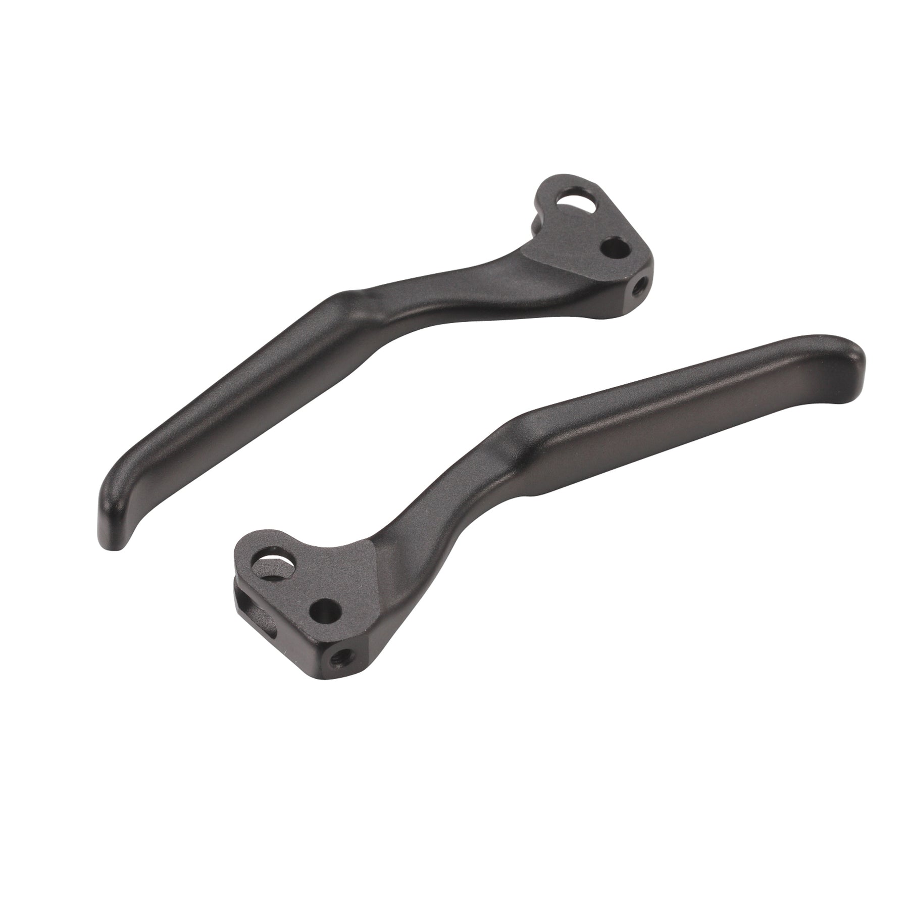 The E Ride Pro Brake Levers by E-Ride Pro are showcased on a plain white background, featuring two black levers with a slightly curved design. Positioned parallel, they highlight mounting holes and textured grip areas for improved control.