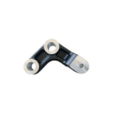 The E-Ride Pro Rear Shock Absorber Connecting Rod is a metal bracket with a curved design. It features two holes on one side and a third hole opposite, finished in black with silver-edged holes.