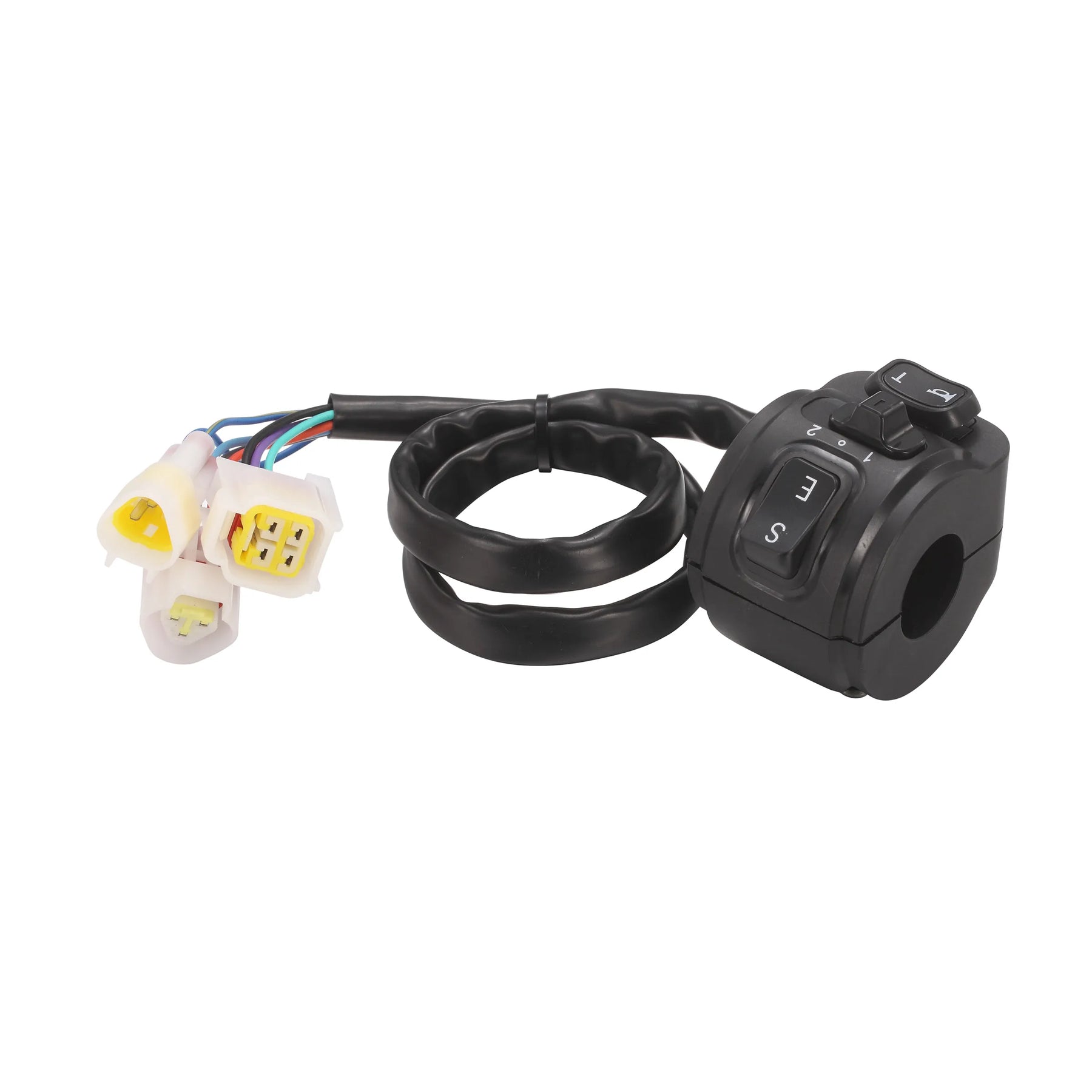 The E Ride Pro Control Switch by E-Ride Pro includes wiring with colored wires, three white plastic connectors, and features buttons labeled 1, 2, and 3. Its perfect for the Pro S black handlebar on E Ride Pro SS models and ideal as a replacement control switch.