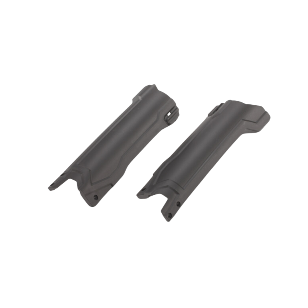 Two SIGMA Fork Protectors from E-Ride Pro placed on a white background, designed to attach to the lower sides of a vehicle, enhancing aerodynamics and appearance.