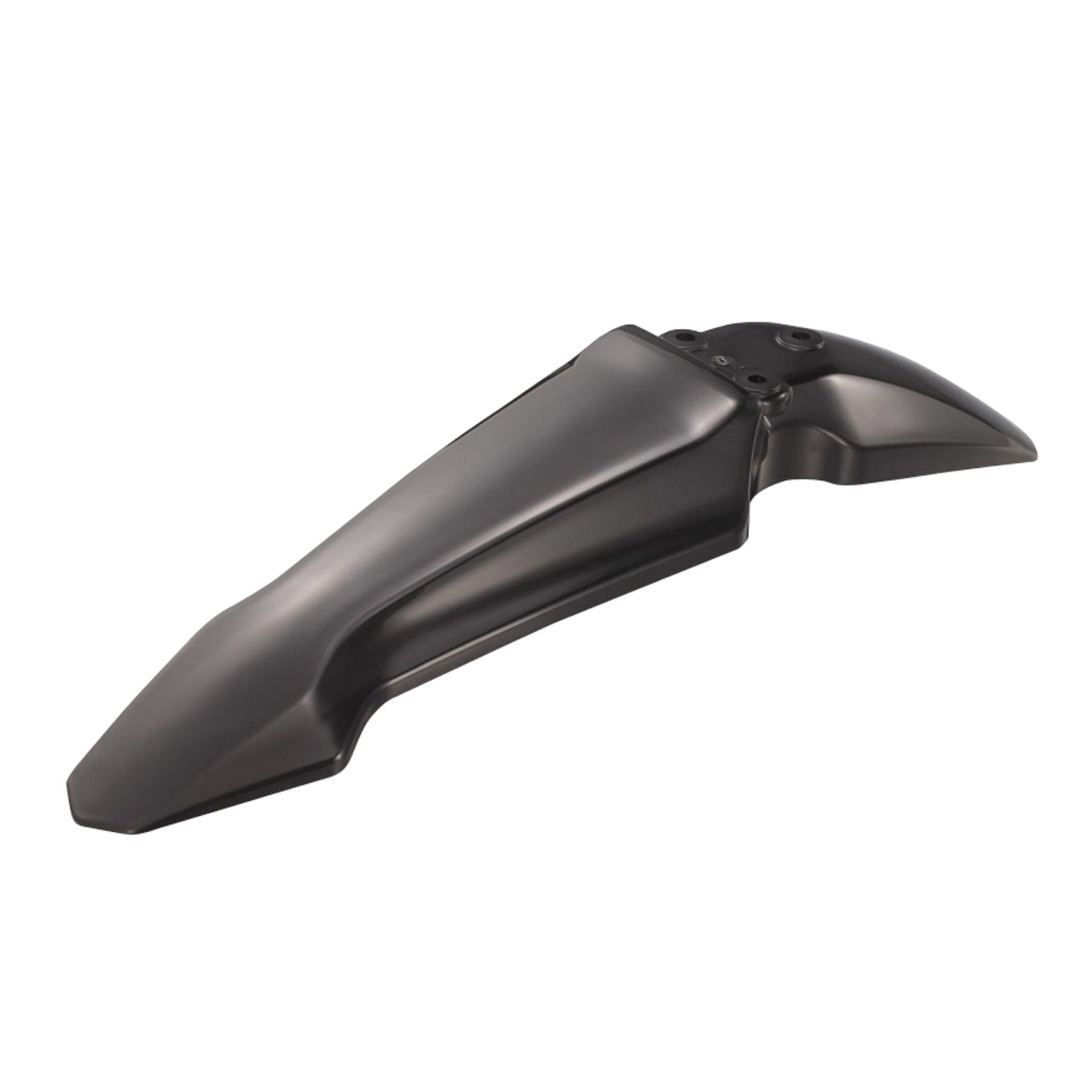 The E Ride Pro Front Fender from E-Ride Pro features a sleek, angular design with a glossy finish and mounting holes, ideal for replacing a front fender. Its stylish yet functional look is accentuated when viewed from the side against a white background.