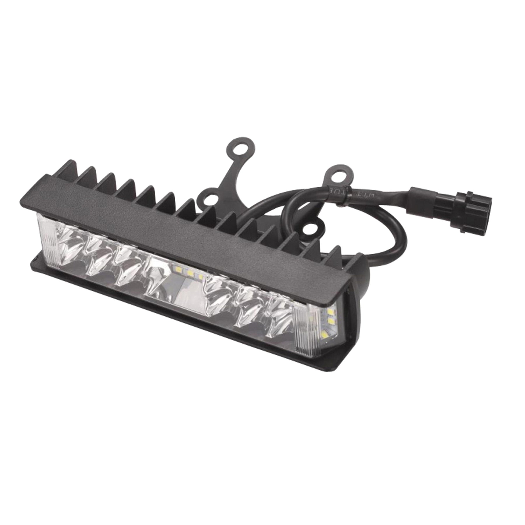 Introducing the E-Ride Pro LED Headlight Bar with a sleek black casing and ribbed design. Ideal for models requiring a replacement headlight, it features a clear lens with eight LEDs. A durable black power cable and top-mounted bracket ensure easy installation.