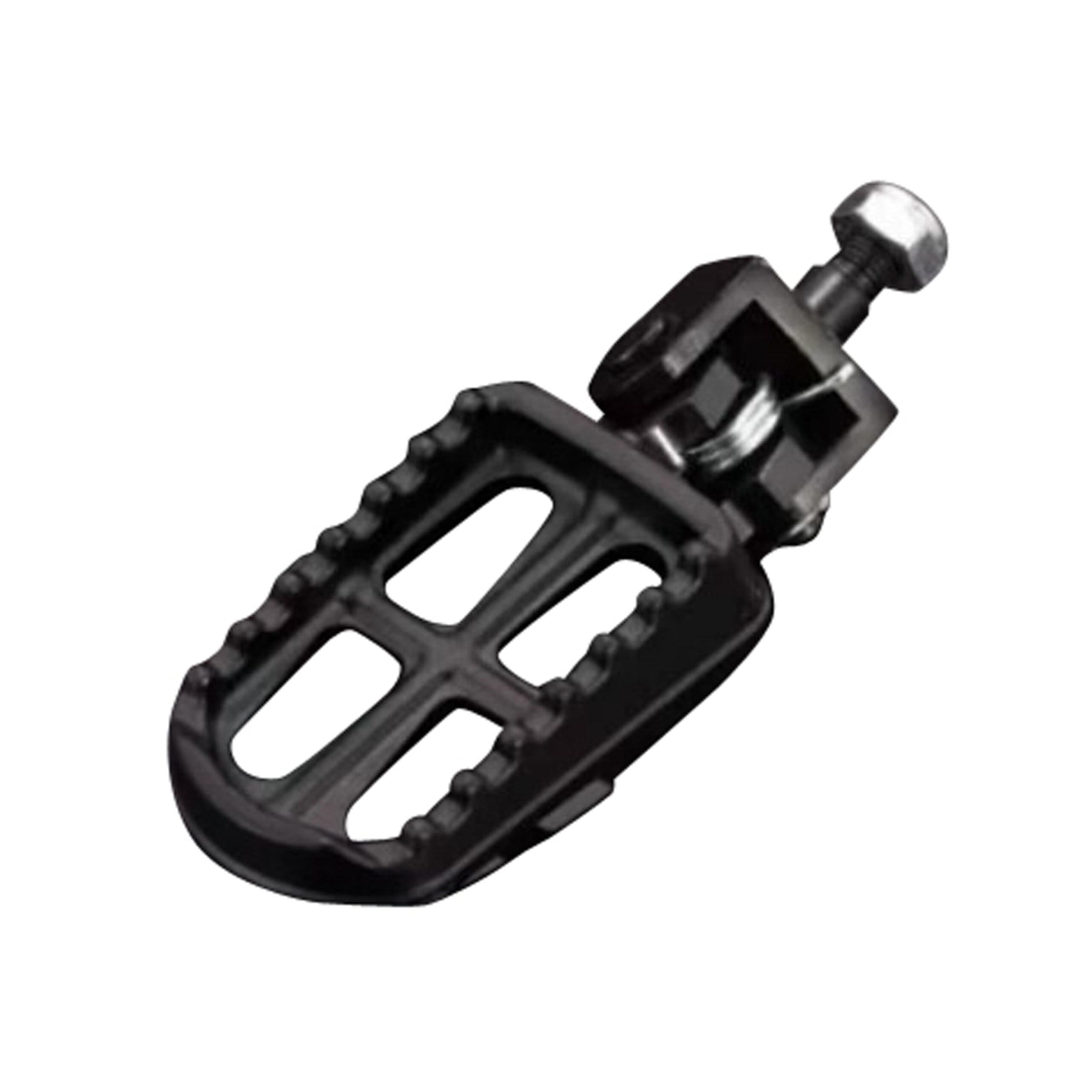 Close-up of black Amped Bikes E Ride Pro Foot Pegs with sturdy metal frame and grid-like design, resembling bicycle pedals. They include a grip-enhancing texture and installation bolt, isolated on a white background.