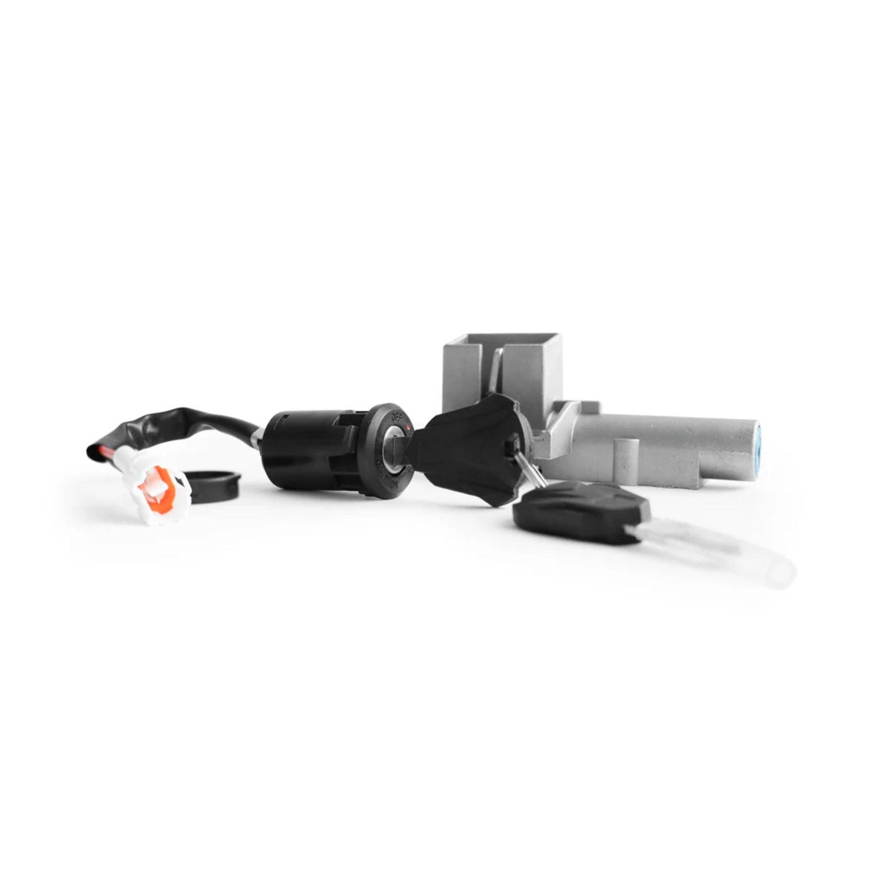 A 79Bike Falcon Pro Ignition Lock Key Set is displayed on a white background, featuring a metallic lock cylinder, black plastic ignition switch, wiring, and two keys on a keyring.