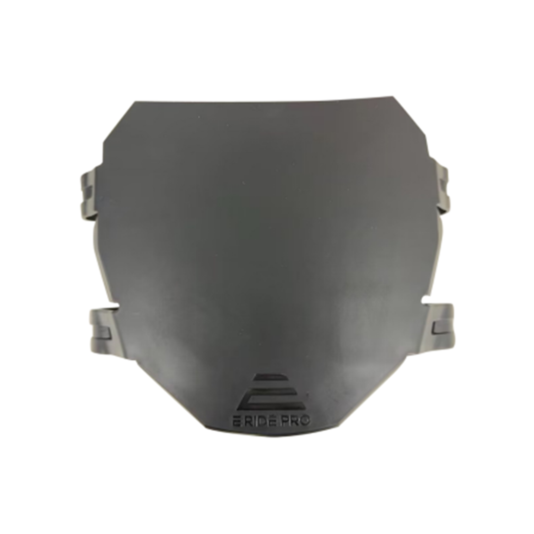 A stylish replacement front number plate option, the E Ride Pro Front Number Plate by Amped Bikes features a sleek black plastic shield with angular edges and side cut-out slots. Its smooth, slightly reflective surface displays E Ride Pro SS at the bottom edge.
