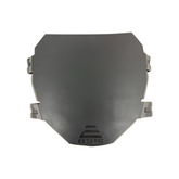 A stylish replacement front number plate option, the E Ride Pro Front Number Plate by Amped Bikes features a sleek black plastic shield with angular edges and side cut-out slots. Its smooth, slightly reflective surface displays E Ride Pro SS at the bottom edge.