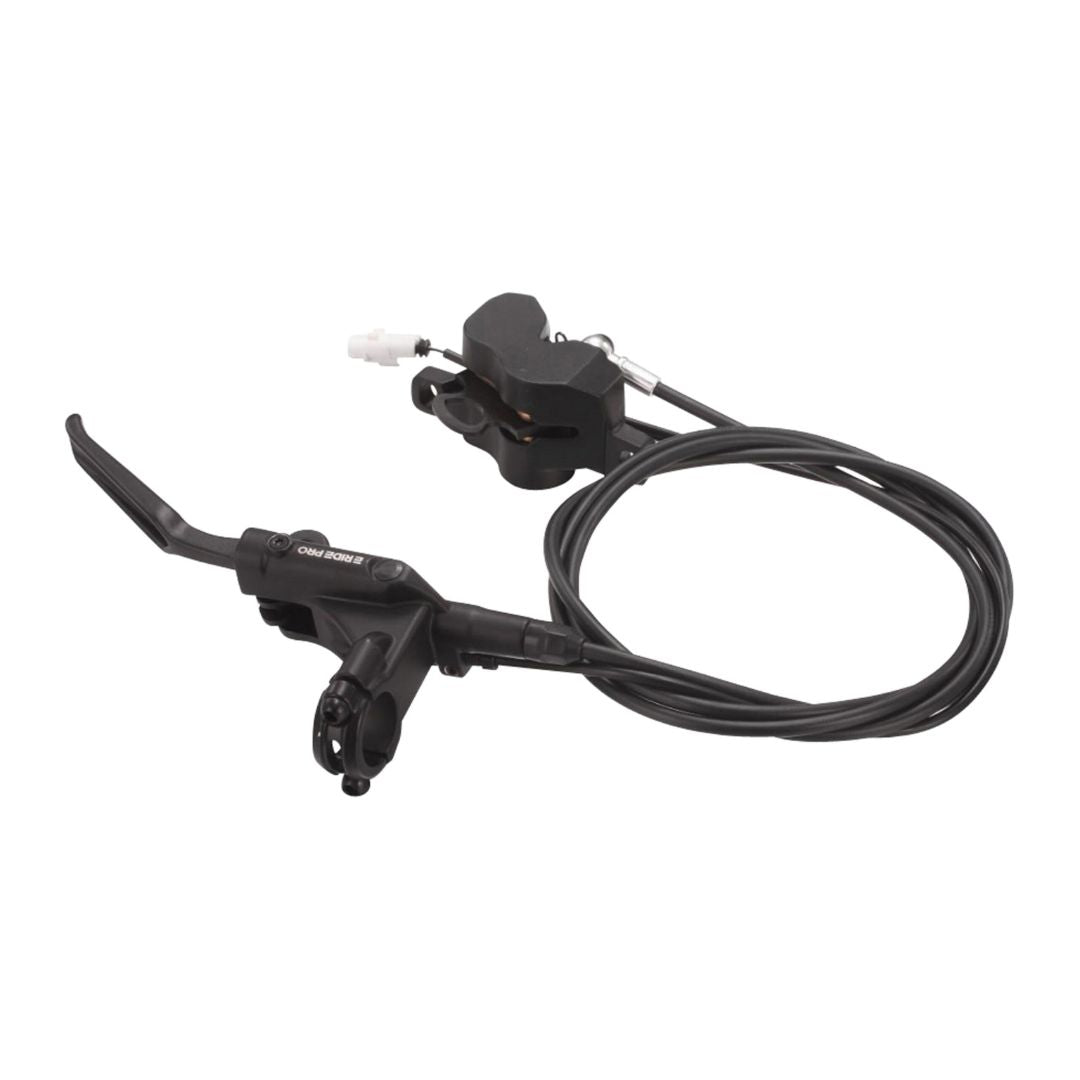 Introducing the E Ride Pro Brake Assembly by E-Ride Pro, a sophisticated black hydraulic disc brake system. This complete replacement includes a sleek brake lever and caliper connected by a long hose, designed for seamless front and rear assemblies.