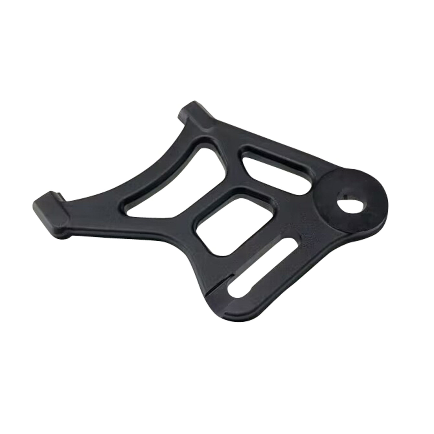 Set against a white background, this black, intricately shaped metal bracket has multiple cutout sections and a circular hole on one side. It is an asymmetrical E Ride Pro Rear Disc Bracket by E-Ride Pro, tailored for the E Ride Pro SS to support the rear brake disc.