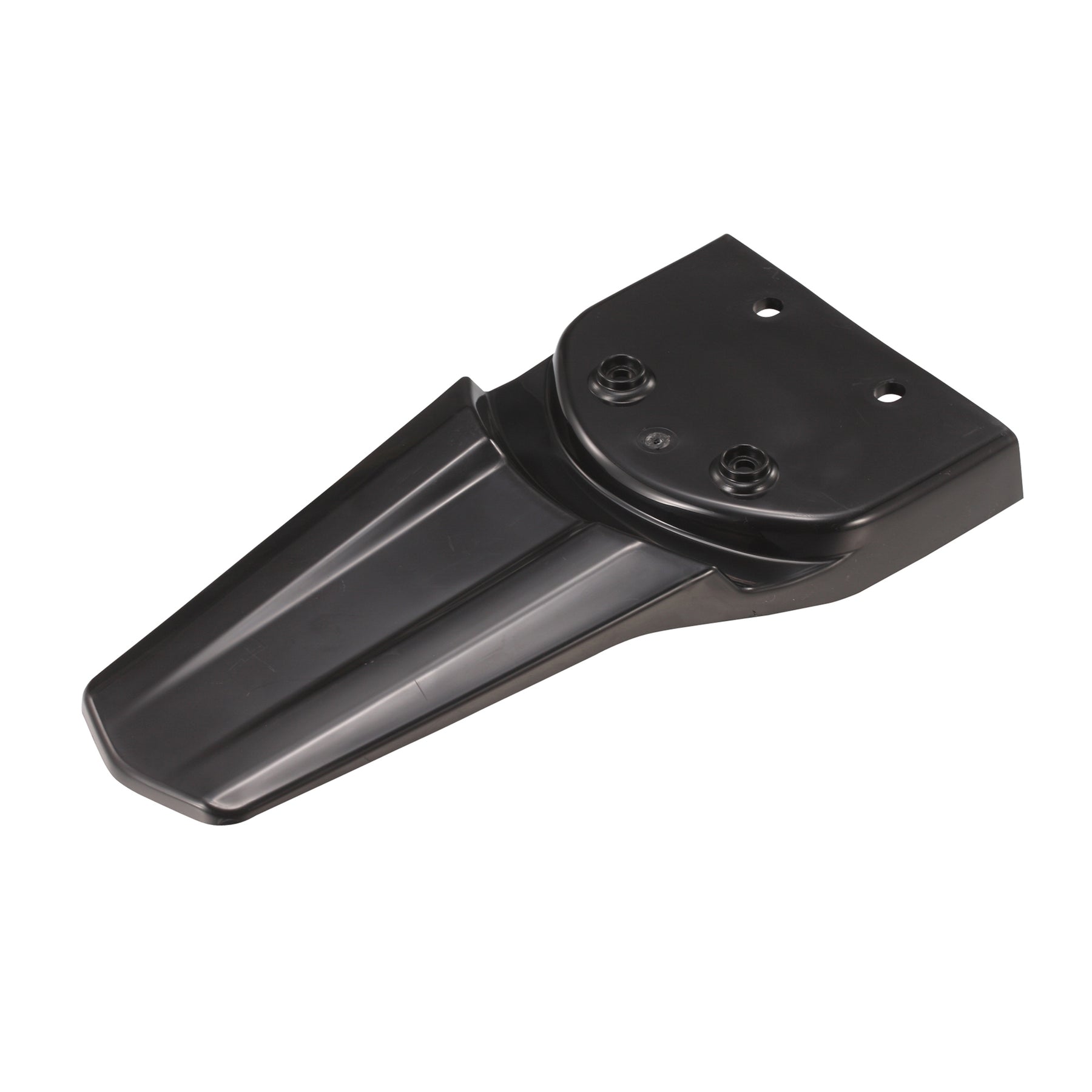 The Amped Bikes E Ride Pro Rear Fender, crafted from black plastic with two mounting holes, ensures easy replacement. Displayed on a white background, it perfectly balances style and functionality for your motorcycle.