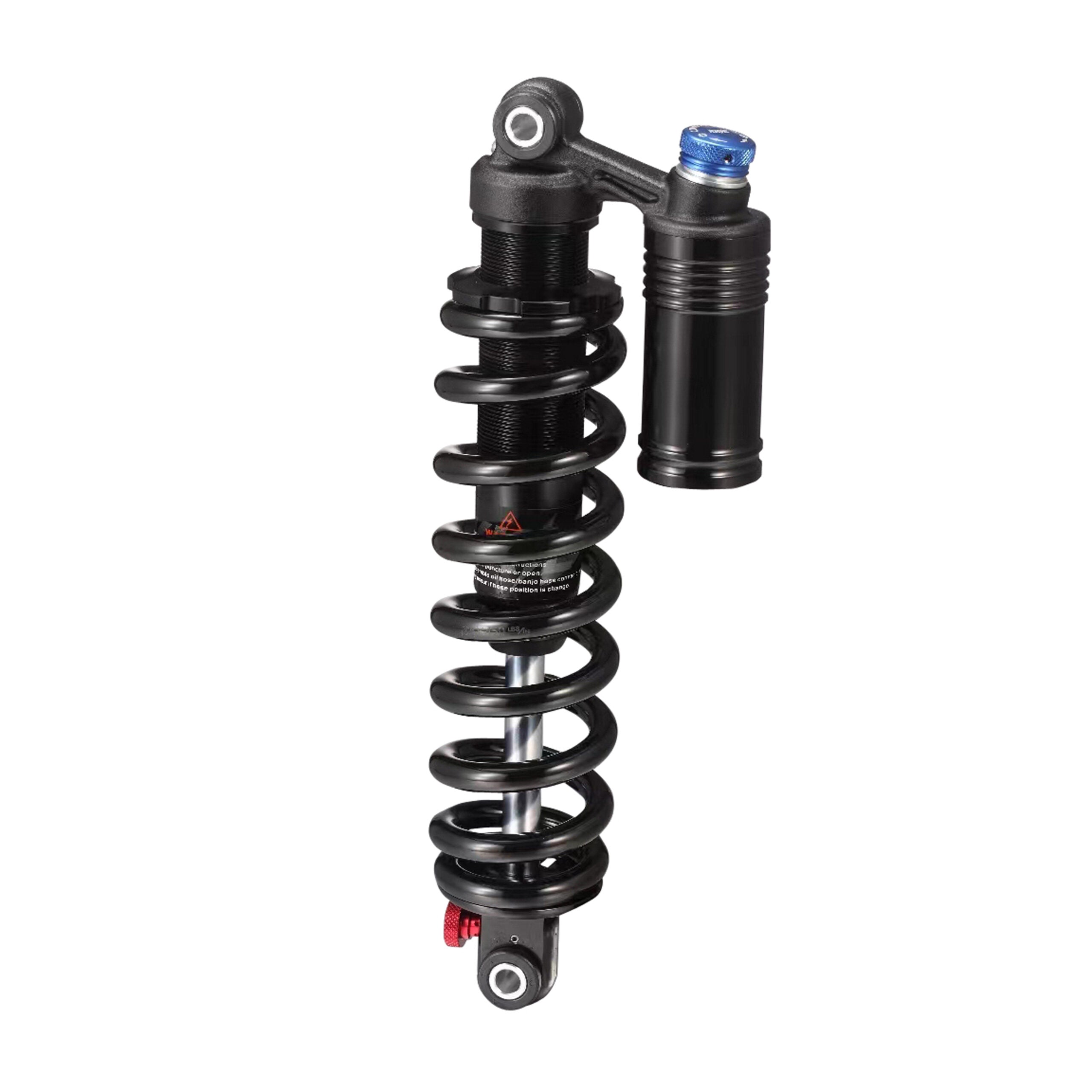 The E-Ride Pro SS Metal Rear Suspension Shock boasts a black coil spring and absorber with a cylindrical reservoir capped in blue. Perfect for replacements, the spring encases a metallic rod, and the red adjustment knob at the base allows precise tuning.