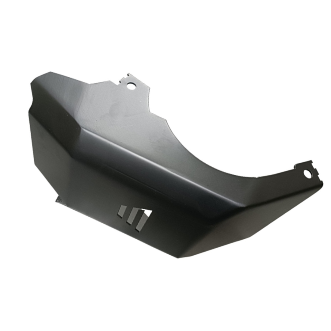 The E-Ride Pro Skid Plate offers a black angular design with mounting holes and slotted vents. Its crafted for protection on off-road vehicles or motorcycles, featuring a sleek matte finish.