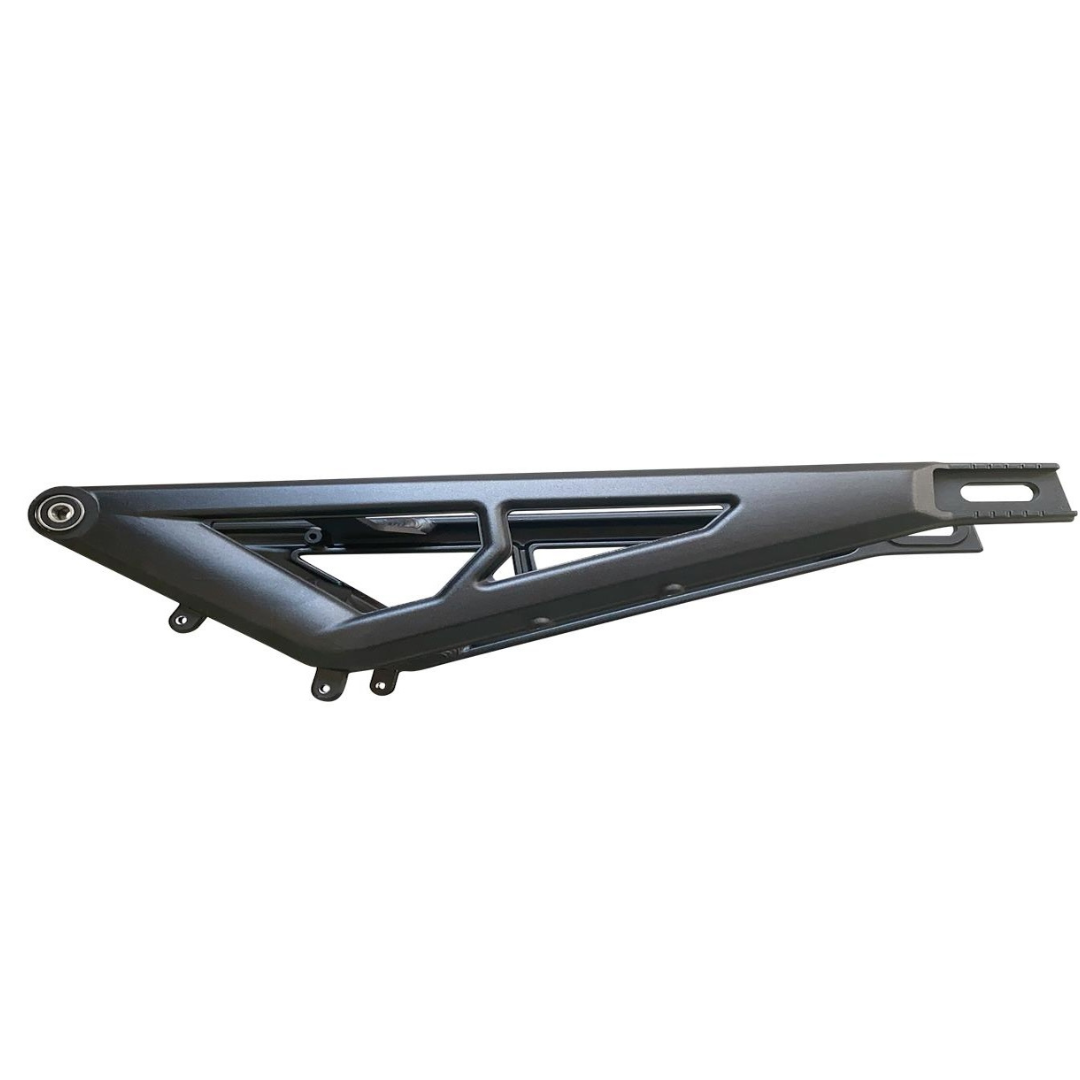 The E-Ride Pro Swingarm boasts a metal frame with a triangular shape, dark matte finish, and geometric cutouts for lightness. Its design includes multiple mounting points for a sleek look, making this modern bike both versatile and stylish.