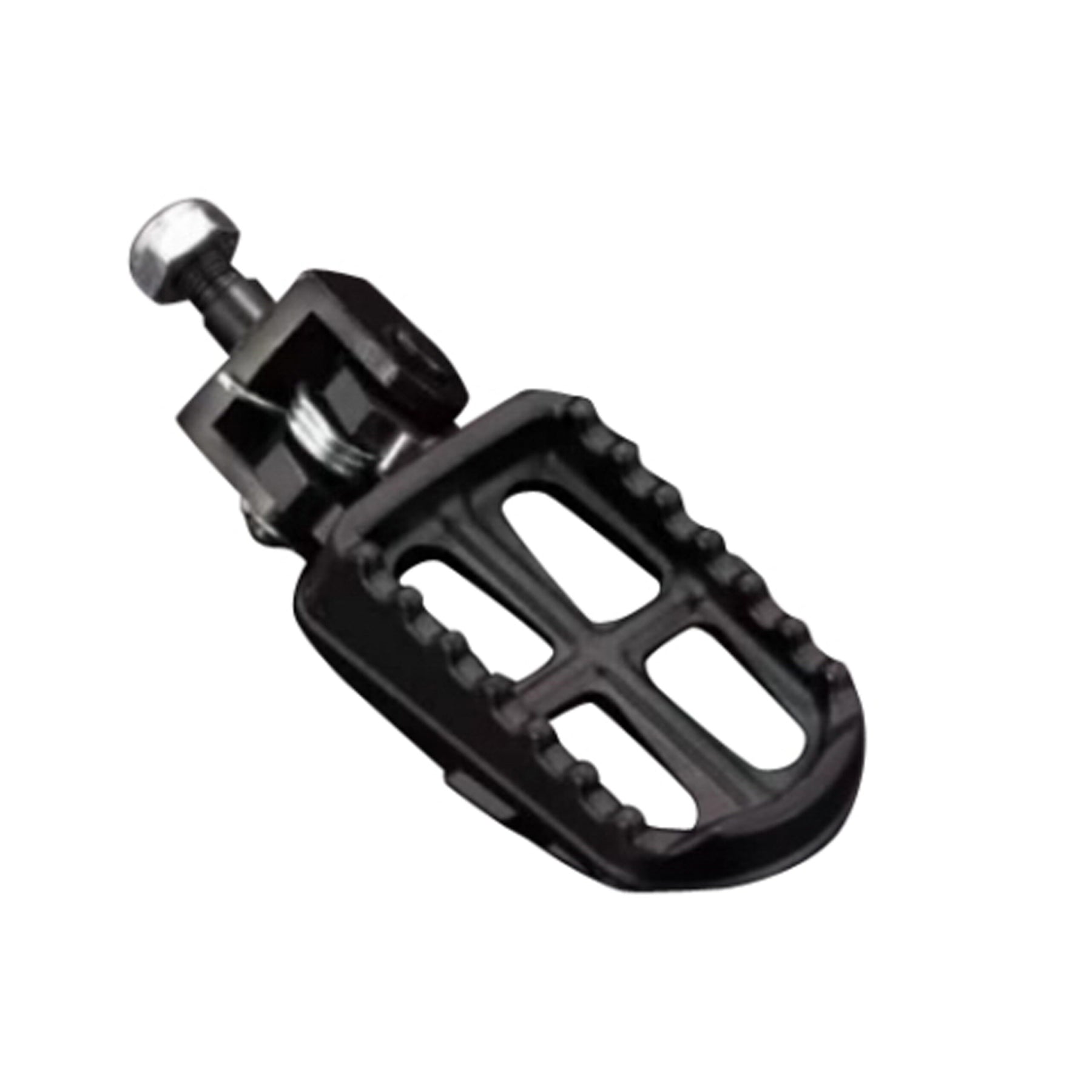 Close-up of Amped Bikes E Ride Pro Foot Pegs, showcasing a rugged design. The black pegs have a metal screw attachment and a grid-like footrest with raised edges for better grip against a plain white background.