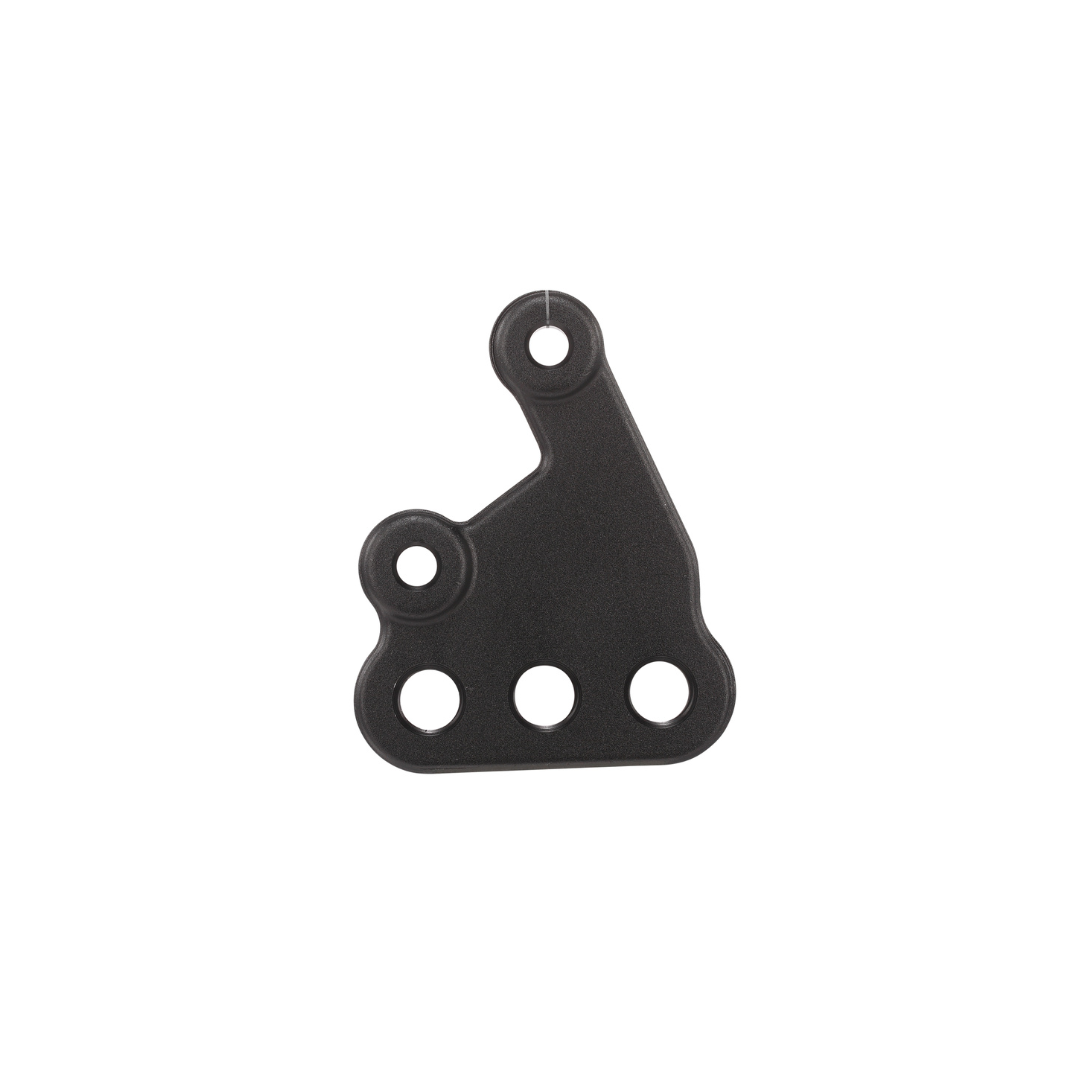 A black E-Ride Pro Peg Bracket in metal or plastic with an irregular shape, featuring five circular holes: one at the top, one on the side, and three at the bottom. Designed as replacement mounting brackets for E Ride Pro foot pegs. The bracket is isolated on a white background.