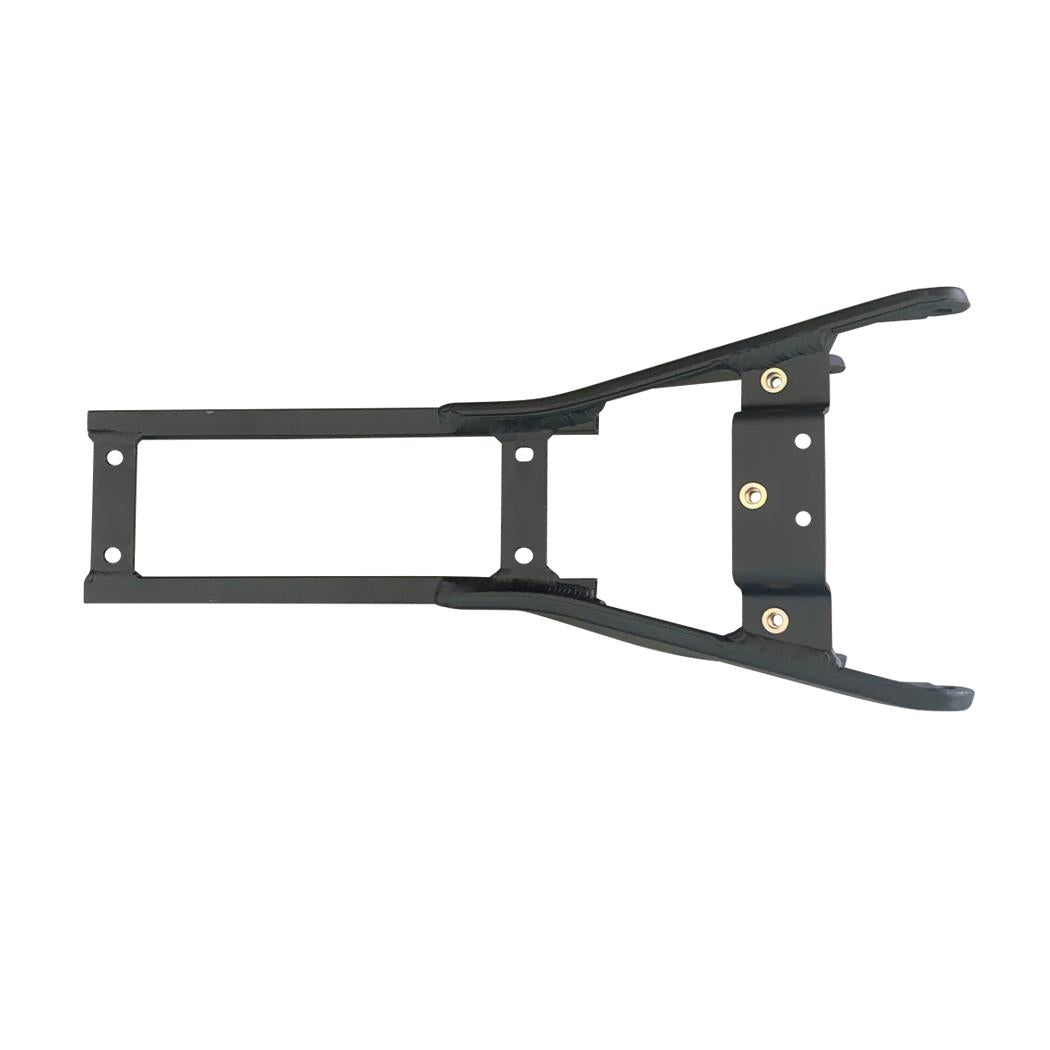 The E Ride Pro Subframe by E-Ride Pro is a black metal bracket with a rectangular frame and two curved arms, featuring three gold screws connecting the parts, designed as a support or mounting structure for E Ride Pro models.