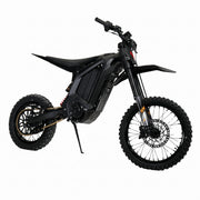 Arctic Leopard XF Pro electric moto, front three-quarter view on kickstand, black KKE forks