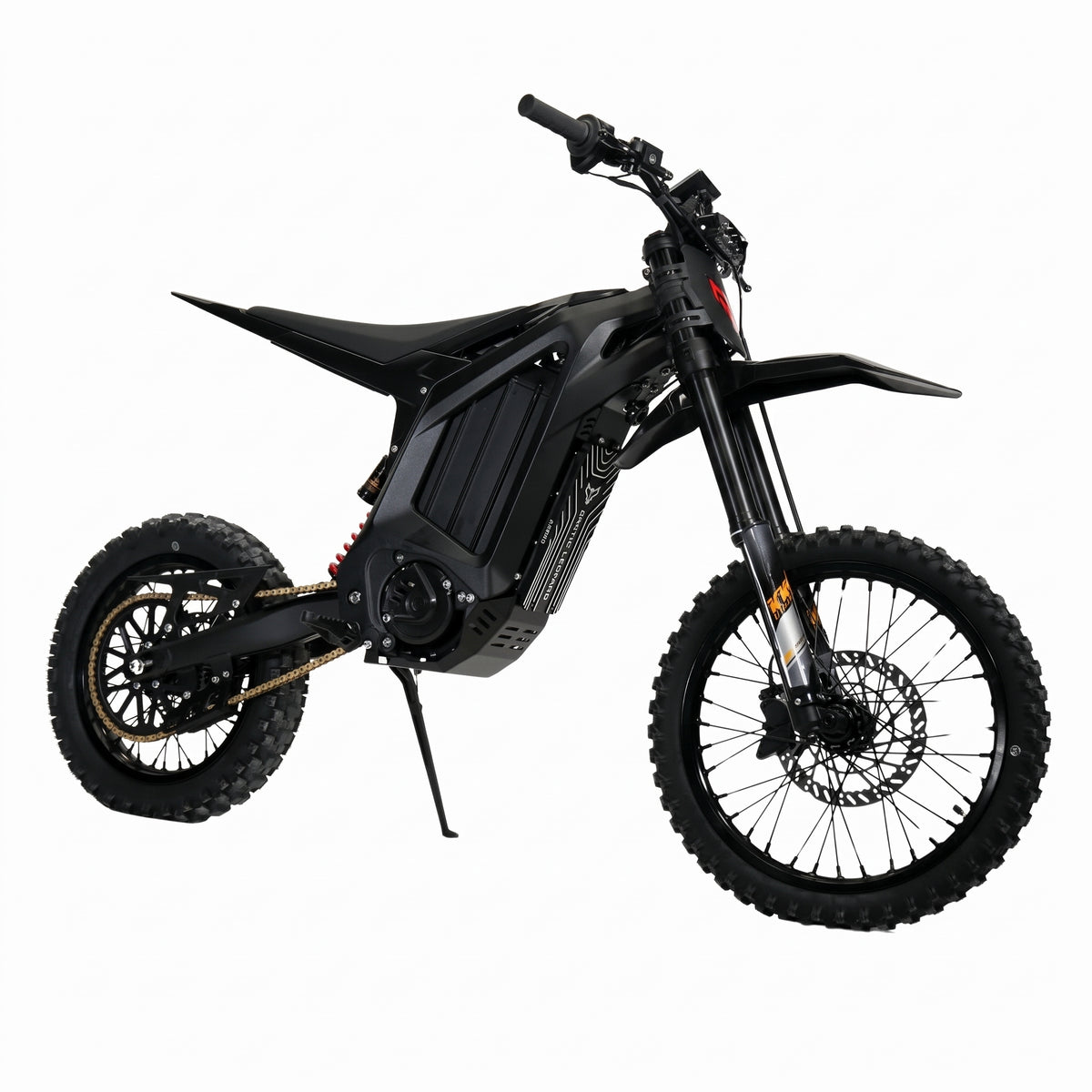 Arctic Leopard XF Pro electric moto, front three-quarter view on kickstand, black KKE forks