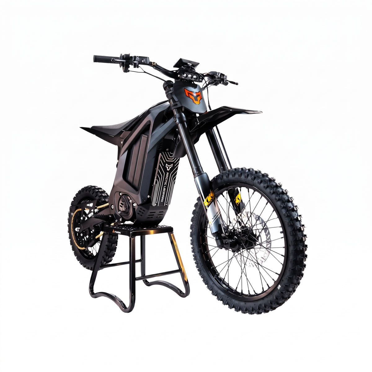 Arctic Leopard XF Pro electric moto, front three-quarter view on bike stand, black KKE forks
