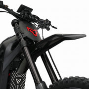 Arctic Leopard XF Pro electric moto, close-up of number plate, triple clamps and black KKE fork tubes