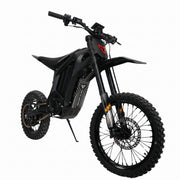 Arctic Leopard XF Pro electric moto, front three-quarter view on kickstand with headlight, black KKE forks