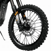 Arctic Leopard XF Pro electric moto, close-up of front wheel, brake rotor and KKE fork lowers