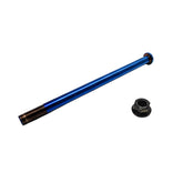 Blue metal axle with black threaded end on a white background