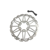 The Talaria 220mm Rear Rotor MX4 Upgrade Kit for the Sting MX3 features a silver, wavy-edge round rotor with multiple cutouts and a small black metal bracket, both shown on a white background.