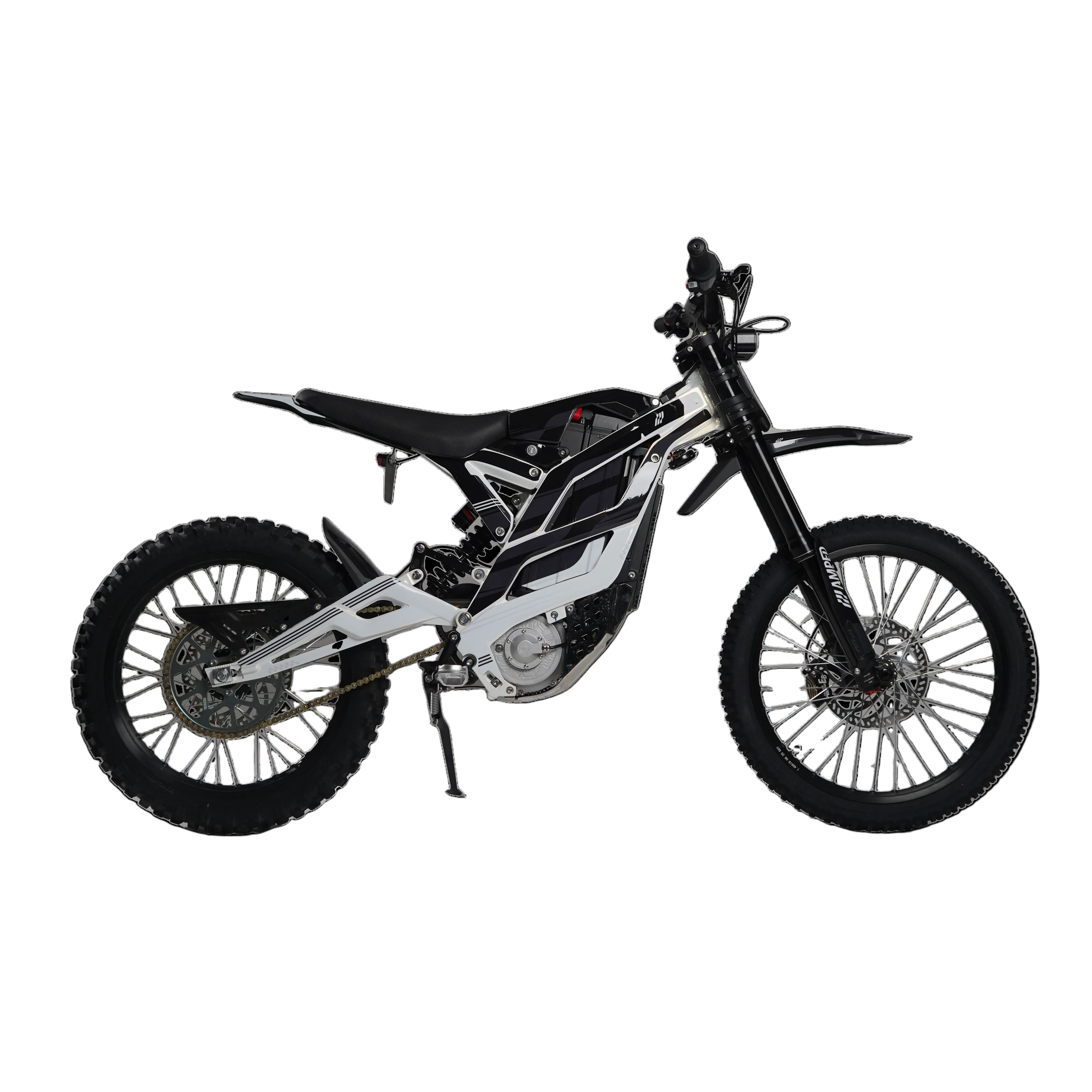 A black and silver electric dirt bike with knobby tires, a high seat, and visible suspension, shown in profile against a solid white background.