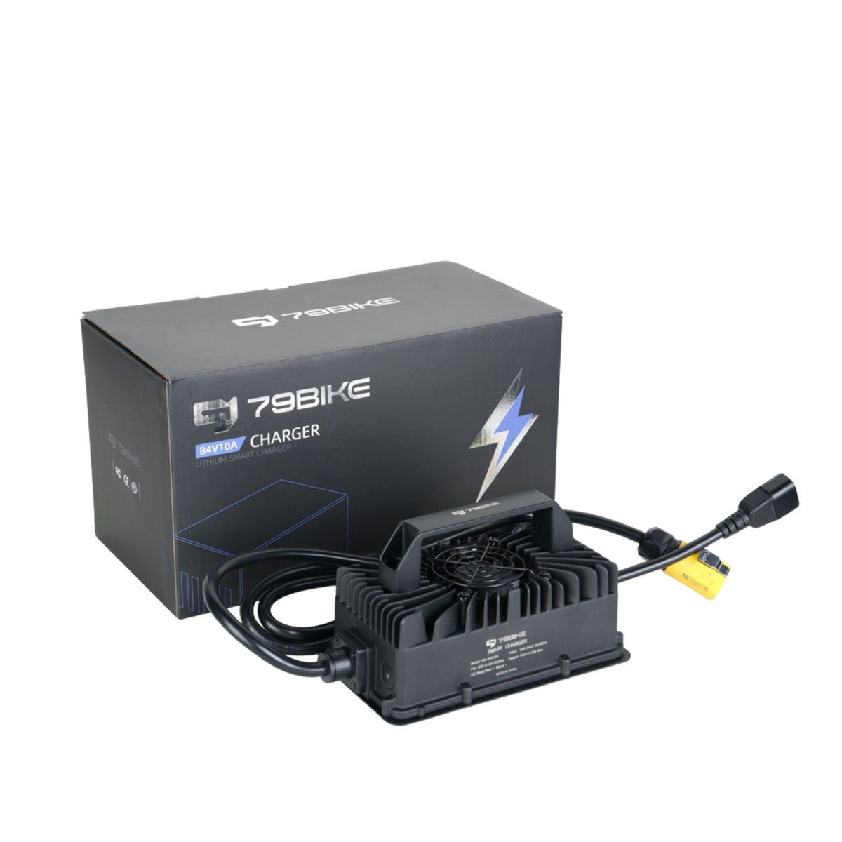 A black 79Bike Falcon Pro Battery Charger with attached cables is displayed in front of its branded box, which features a bold lightning bolt graphic.