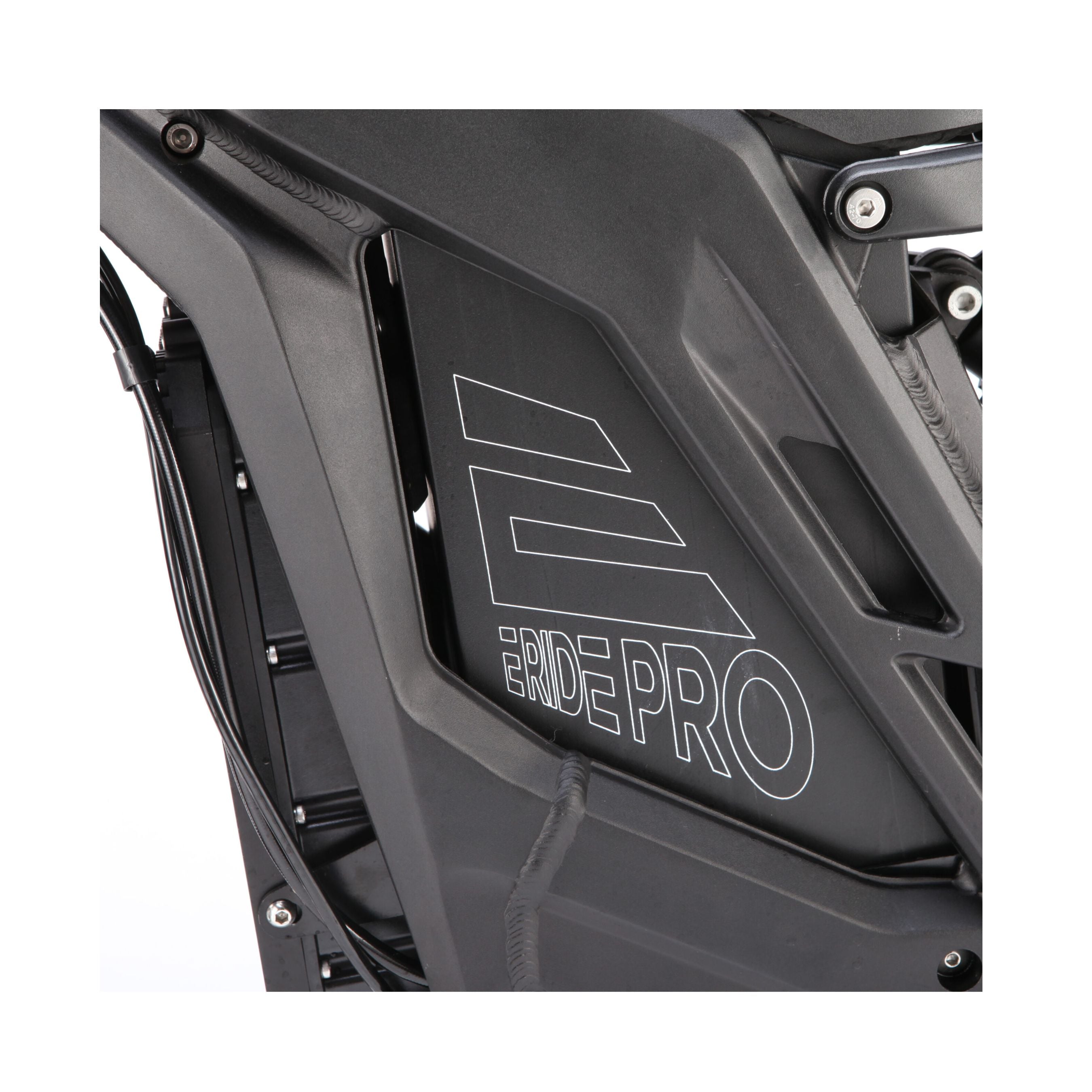 Close-up of a black motorcycle frame with E-Ride Pro in white, highlighting the E Ride Pro SRs angular, sleek design lines and advanced suspension for a smoother ride.
