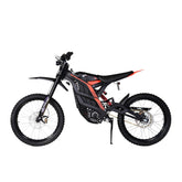 The 79Bike Falcon Pro, a 72V electric dirt bike, boasts a sleek black and red design with a minimalist look. It features a rugged frame, thick tires, and disc brakes for off-road adventures, showcased against a plain white background.