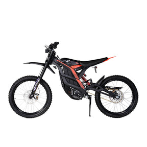 The 79Bike Falcon Pro, a 72V electric dirt bike, boasts a sleek black and red design with a minimalist look. It features a rugged frame, thick tires, and disc brakes for off-road adventures, showcased against a plain white background.