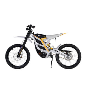 The 79Bike Falcon Pro, a 72V electric dirt bike by 79Bike, boasts a sleek white and gray frame with black tires and yellow accents. It features a minimalist design with visible suspension components and off-road capabilities, showcased against a plain white background.