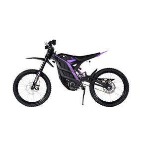 The 79Bike Falcon Pro, a 72V electric dirt bike, showcases a black frame with purple accents. It features off-road tires, front and rear suspension, and a minimalist seat. Displayed in side profile on a white background.