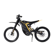 The 79Bike Falcon Pro, a 72V electric dirt bike by 79Bike, sports a sleek black and yellow design. It boasts large tires with deep treads, a suspension system, and grip-enhanced handlebars. Displayed in profile against a white background.