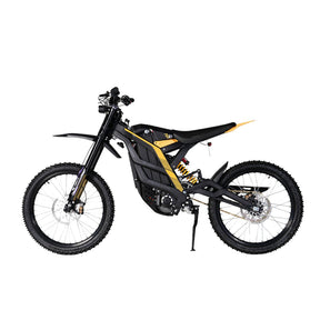 The 79Bike Falcon Pro, a 72V electric dirt bike by 79Bike, sports a sleek black and yellow design. It boasts large tires with deep treads, a suspension system, and grip-enhanced handlebars. Displayed in profile against a white background.