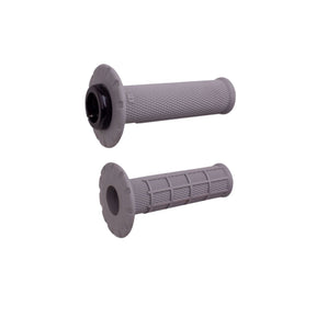 Two gray ODI UNIVERSAL LOCK-ON GRIPS PRO HALF-WAFFLE (SOFT) by Odi are shown on a plain white background, one positioned horizontally and the other vertically.