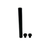 The Talaria FastAce Fork Axle, a black cylindrical rod, stands vertically beside two hexagonal-headed black screws on a pristine white background.