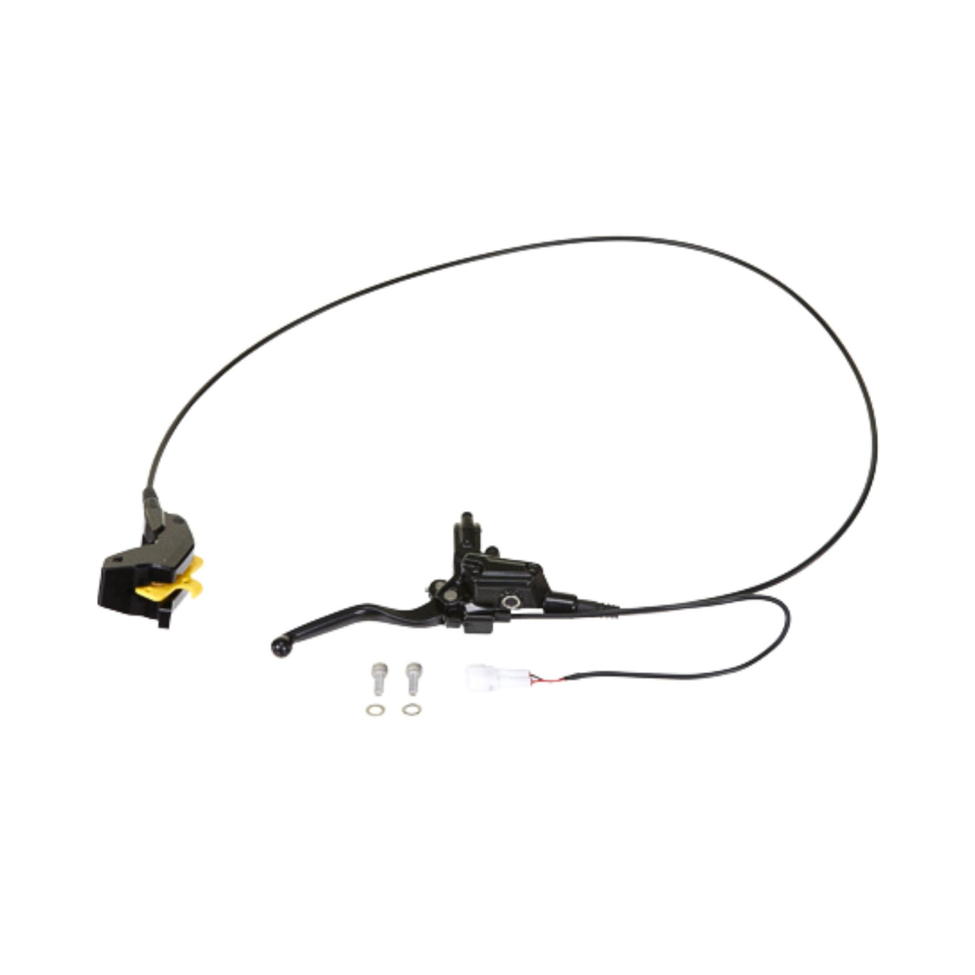 The Razor Stage2 Brake Assembly is a black hydraulic brake lever system for the M1 Bike, featuring replacement OEM parts with a long cable, caliper, yellow pad spacer, two silver screws, washers, and a white connector.