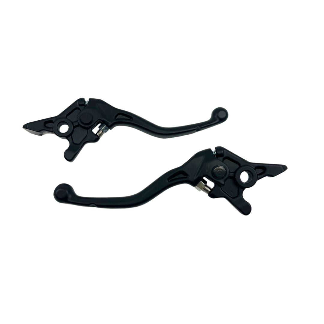 Two black Talaria MX5 Brake Levers are displayed on a white background. They feature a sleek, curved design with an E-Brake cutoff sensor and adjustable mechanisms near the hinge for precise control.